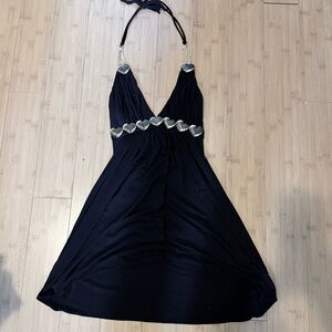 Black 90s Y2K Halter Dress with Gold and Black Embellishments. Size Small.